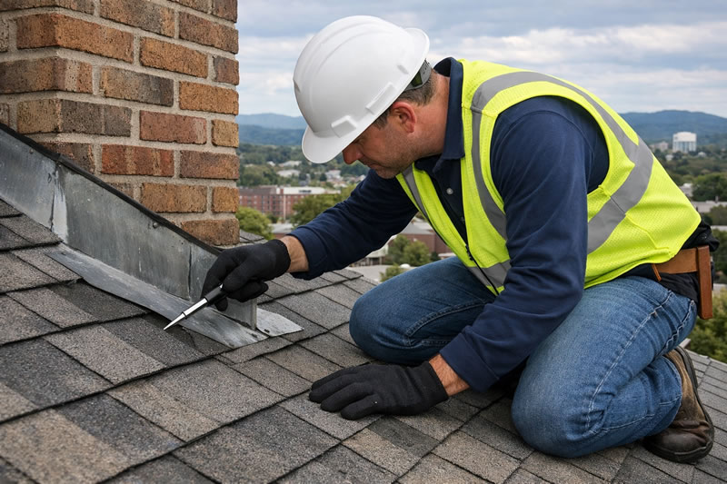Johnson City TN roofing contractor inspecting chimney flashing during residential roof inspection