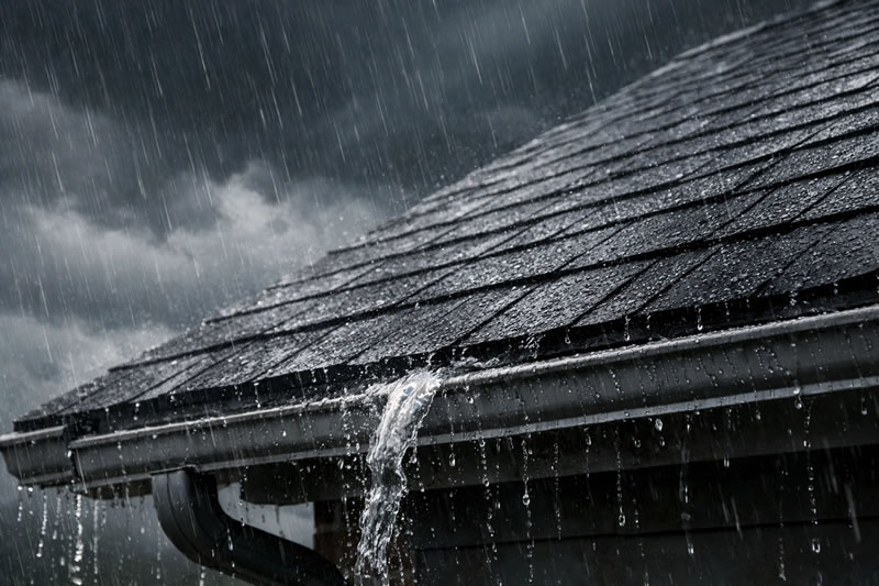 Heavy rain pouring off residential roof in Johnson City TN during severe storm