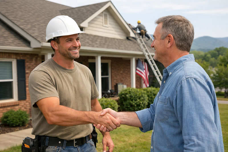 Johnson City TN roofing contractor shaking hands with homeowner after roof inspection